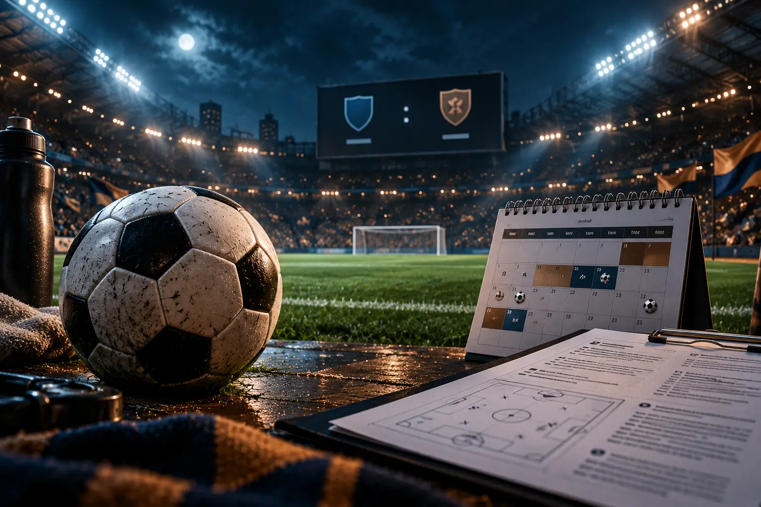 Ilustrasi editorial lapangan olahraga, jadwal pertandingan, dan papan strategi