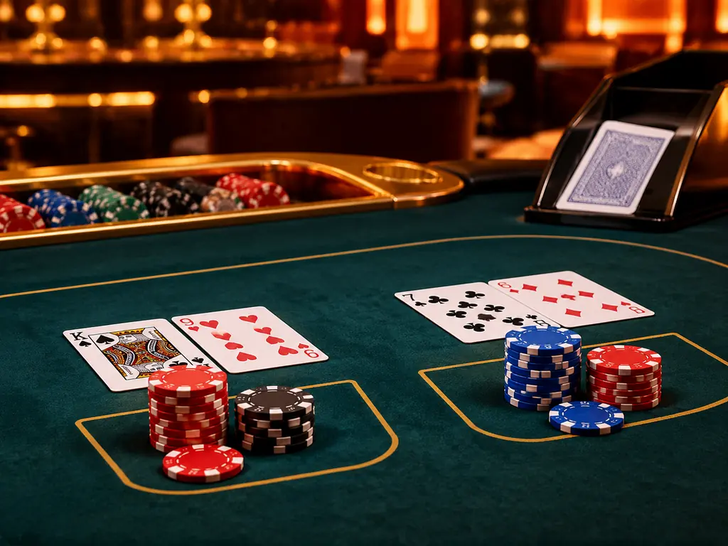 Meja baccarat dengan kartu dan chip