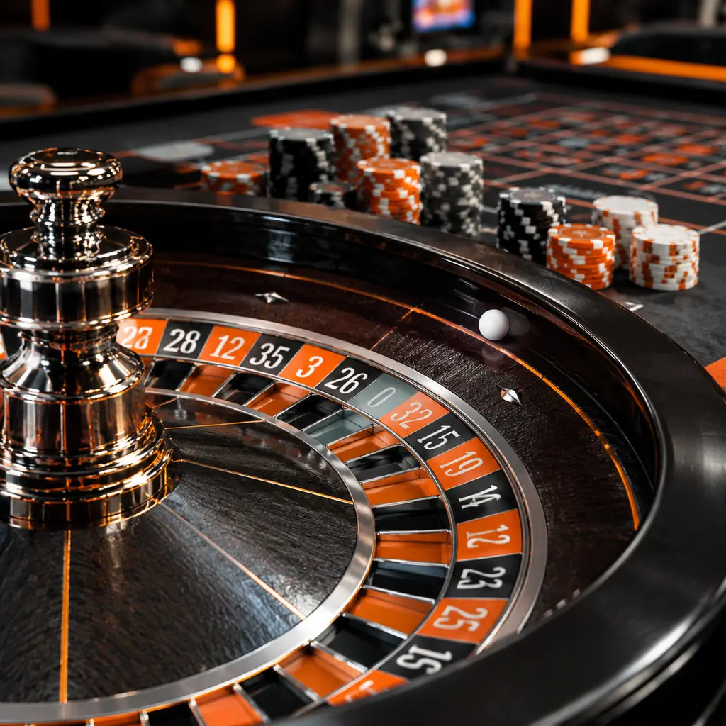 Roda roulette dengan bola dan meja taruhan