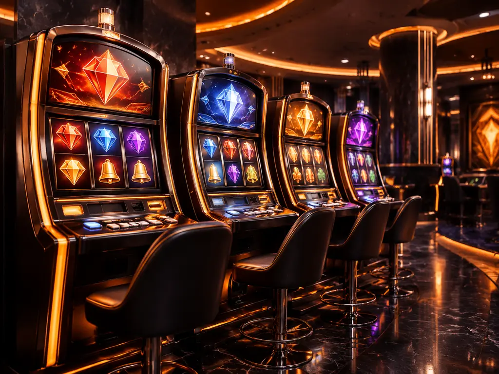 Mesin slot di ruang kasino dengan panel cahaya oranye