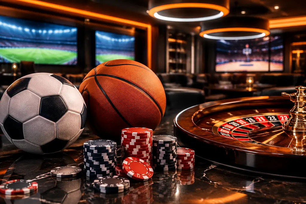 Bola olahraga dan chip dalam ruang kasino